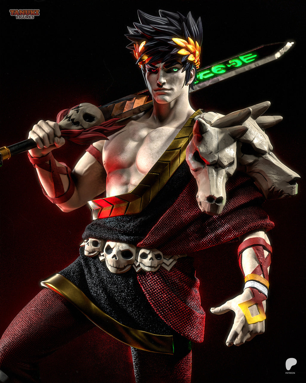 Sculptor's render (kit ships unpainted): upper-body view with the glowing glyphs on the blade, the gold laurel wreath, the skull belt and the open left hand