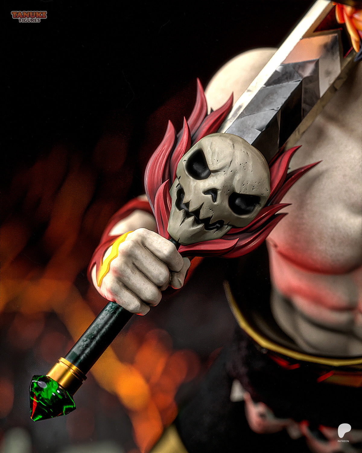 Sculptor's render (kit ships unpainted): close-up of the sword hilt with its skull guard, crimson flame-shaped blades and green gem pommel
