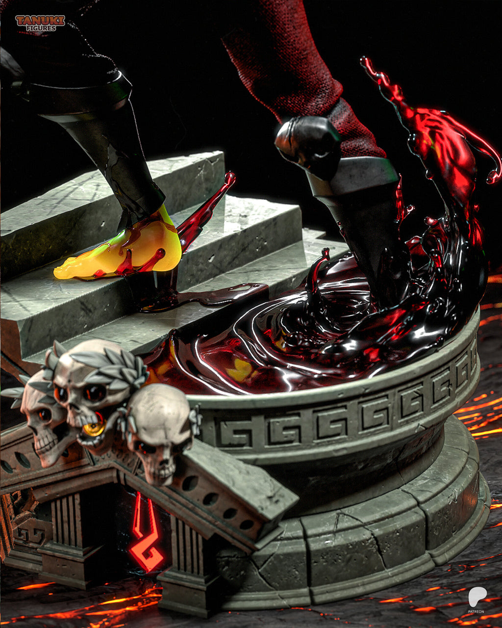 Sculptor's render (kit ships unpainted): close-up of the flame-colored foot on the steps and the other leg sunk in the red pool with its splash