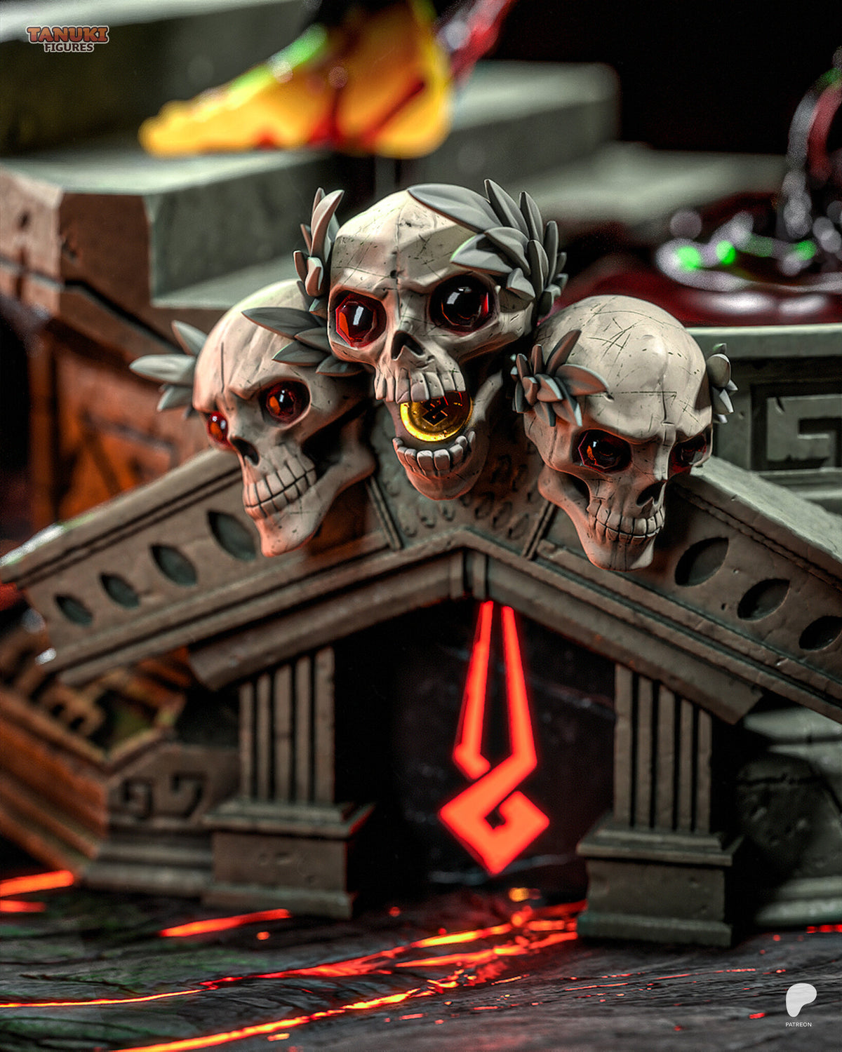 Sculptor's render (kit ships unpainted): close-up of three laurel-crowned skulls with red gem eyes on the temple front, above a glowing carved glyph