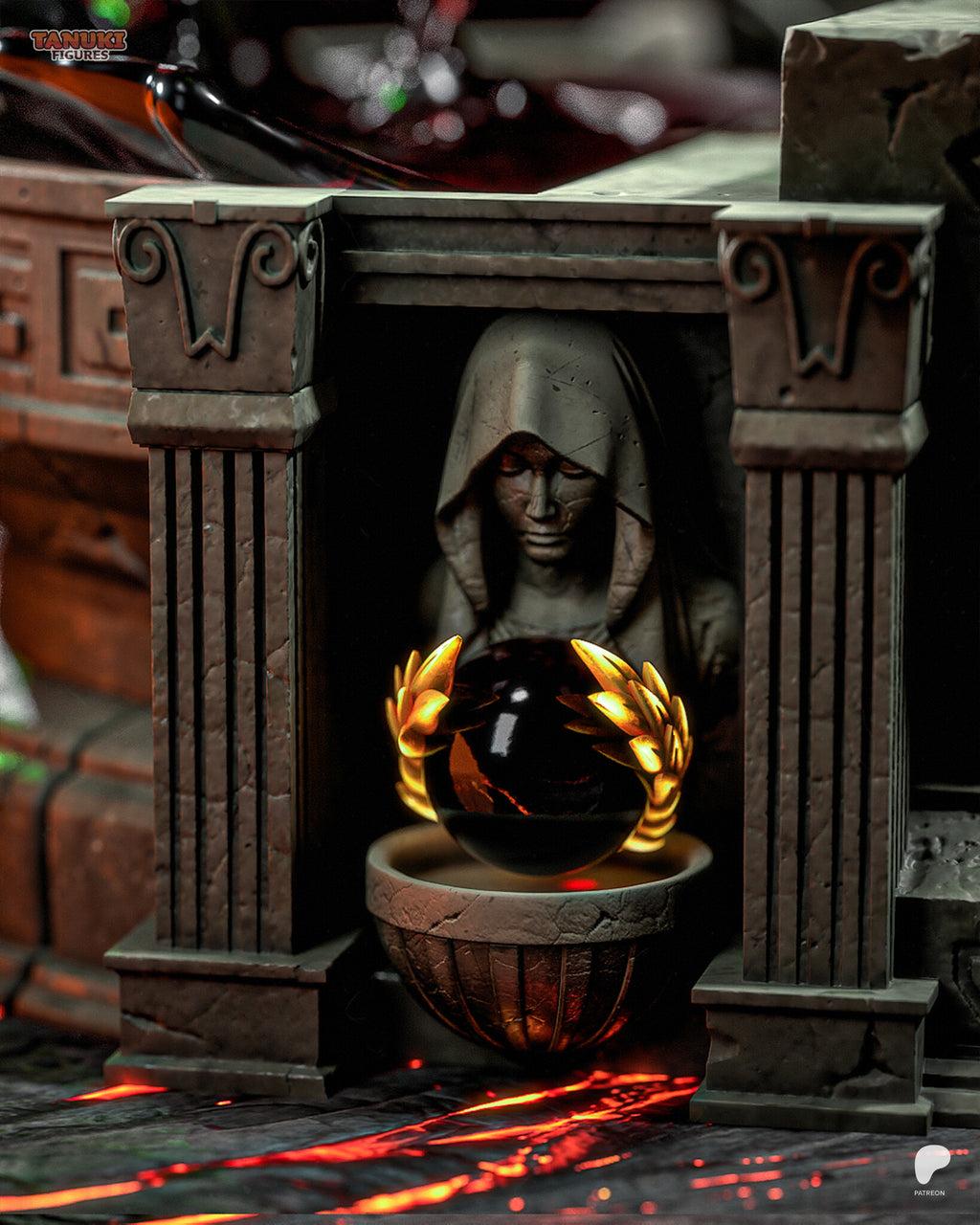 Sculptor's render (kit ships unpainted): the shrine niche at the back of the base, a hooded stone figure bowing over a dark orb in gold laurel leaves