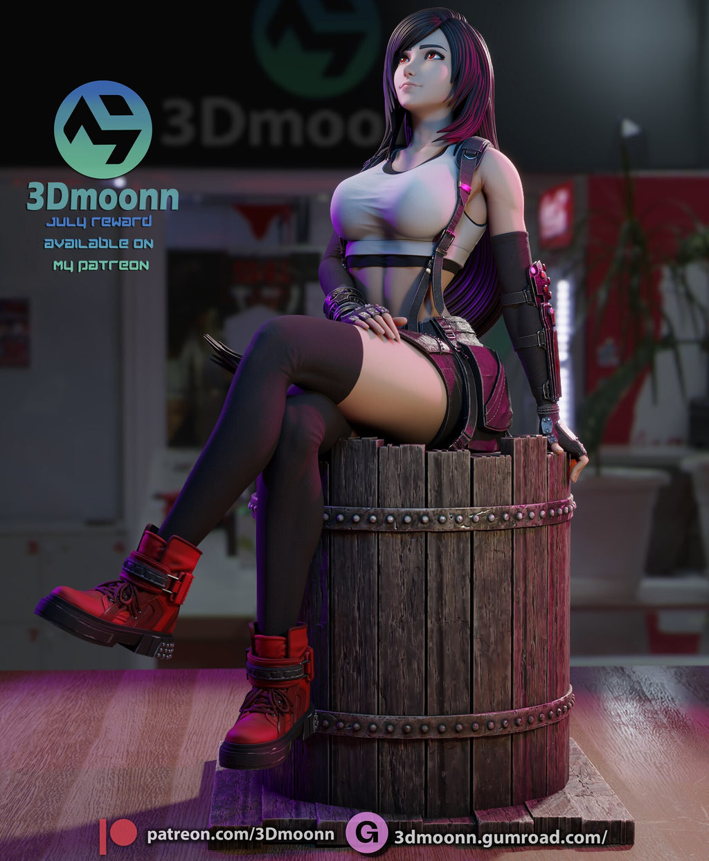Sculptor's render of the painted design (kit ships unpainted): three-quarter view of the dark-haired martial artist sitting cross-legged on the wooden barrel and pallet