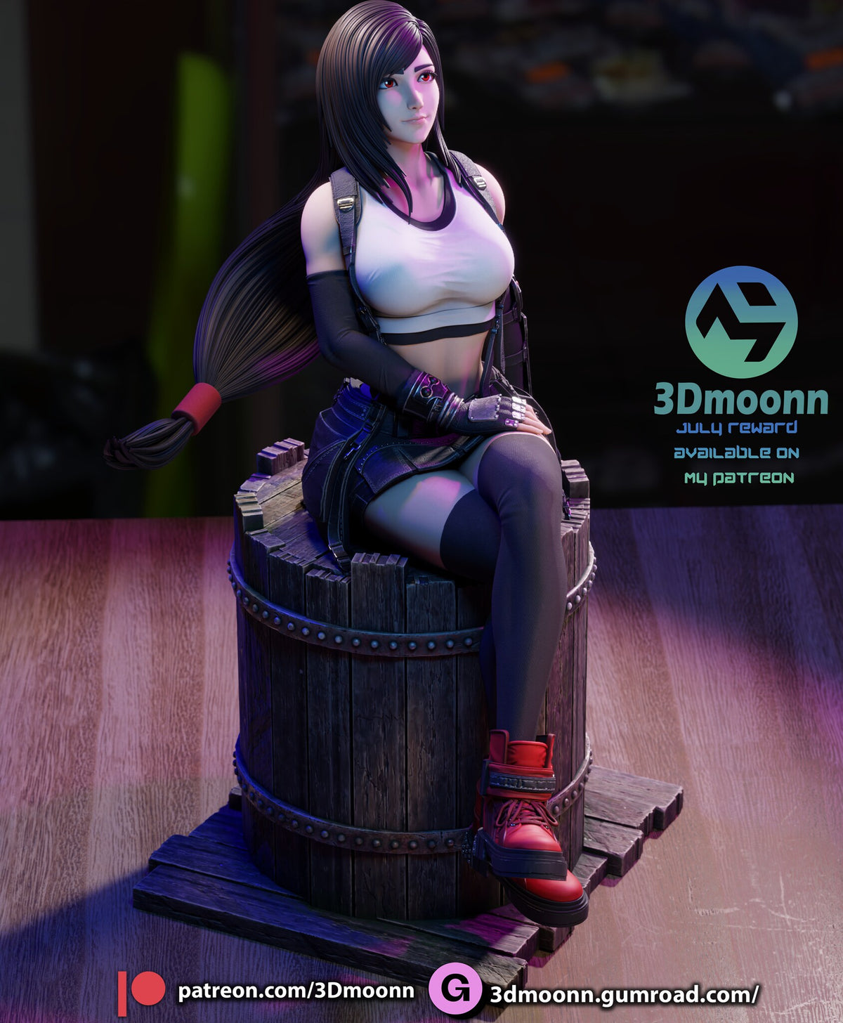 Sculptor's render (kit ships unpainted): front view from the other side, with the long hair falling behind one shoulder and the crossed legs toward the viewer