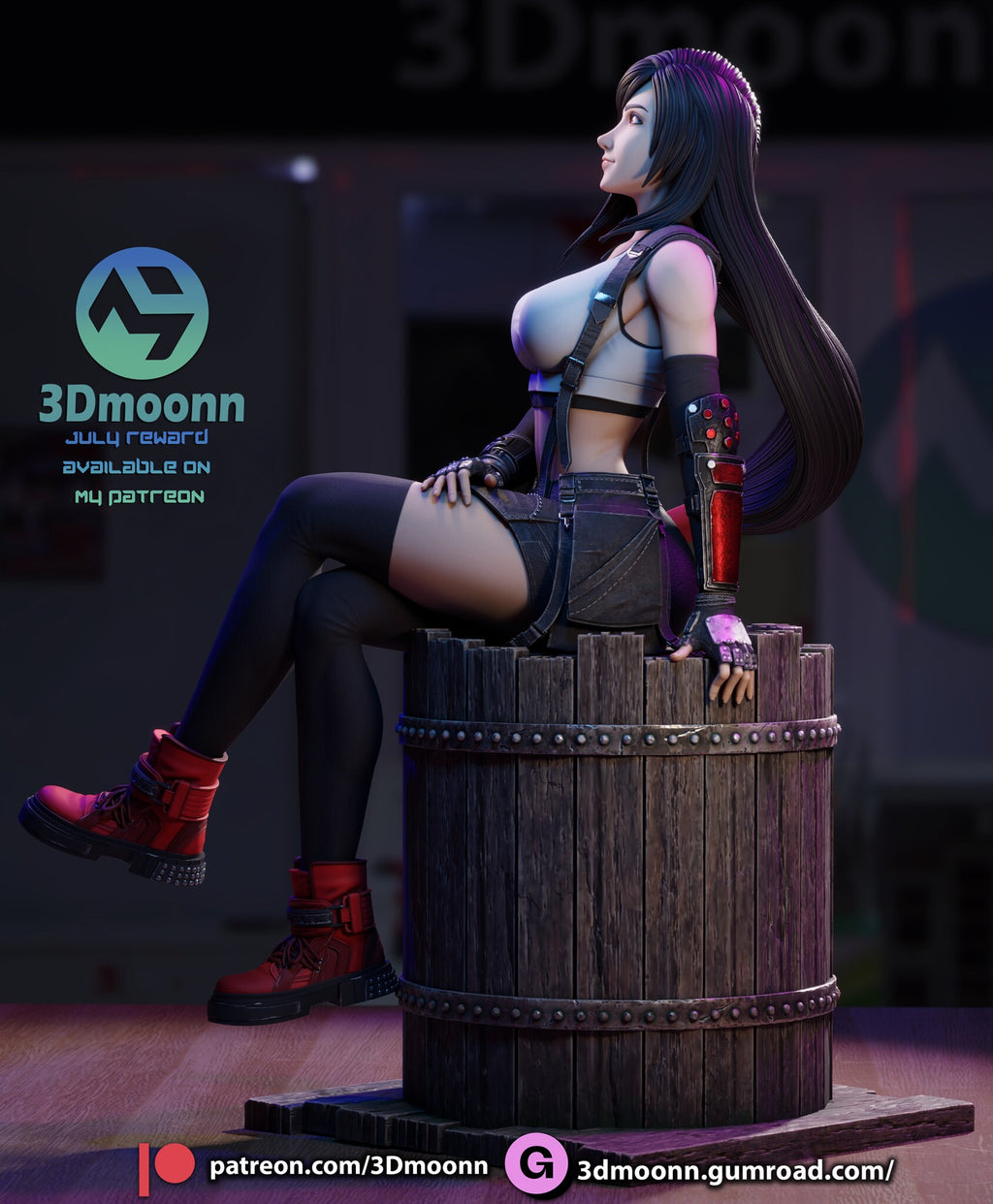 Sculptor's render (kit ships unpainted): side profile with her face tipped up, one hand gripping the rim and both red boots hanging free