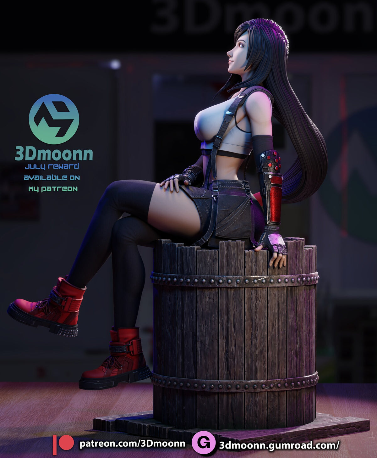 Sculptor's render (kit ships unpainted): side profile with her face tipped up, one hand gripping the rim and both red boots hanging free
