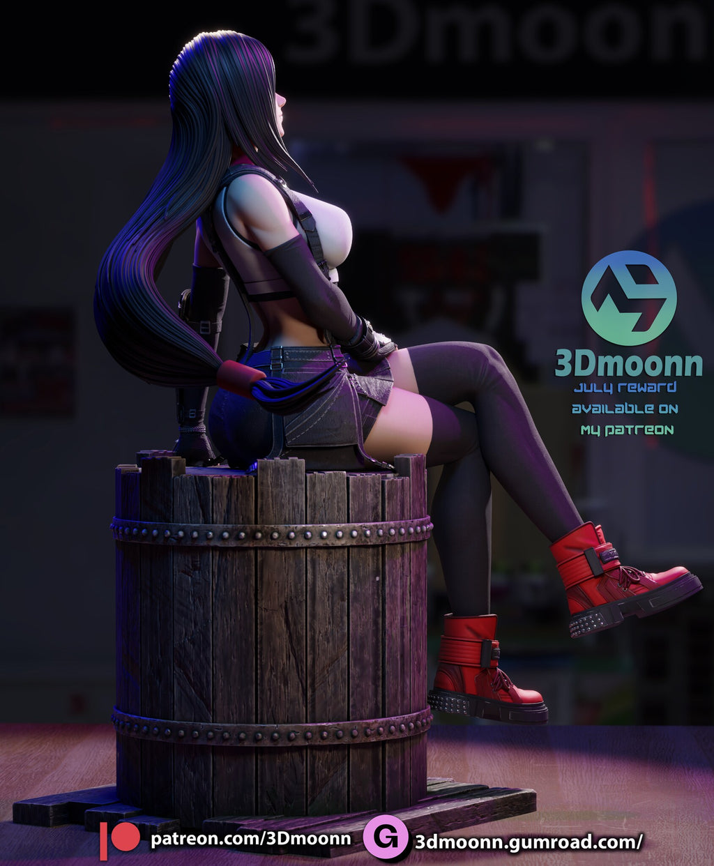 Sculptor's render (kit ships unpainted): side view from behind with the long black hair down her back and the suspender strap