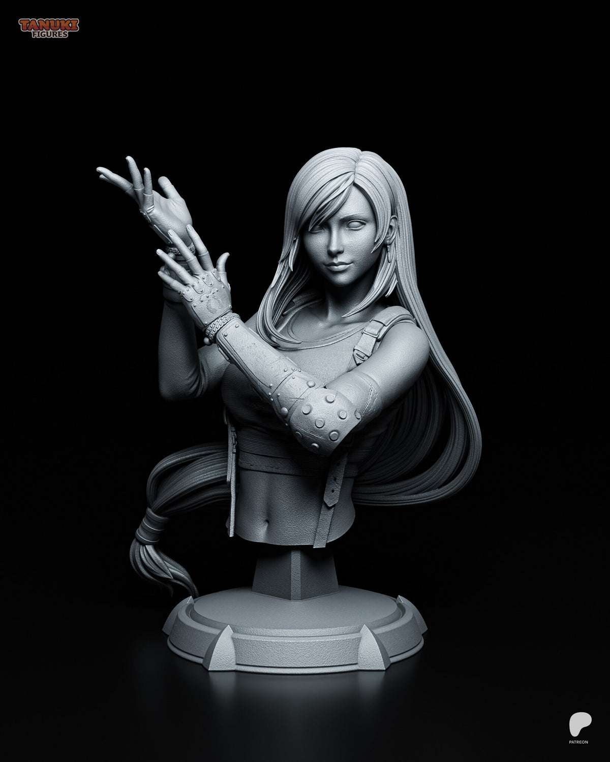 Sculptor's render of the painted design (kit ships unpainted): front view of the bust with both gloved hands raised to one side and the long hair swinging out past the round plinth