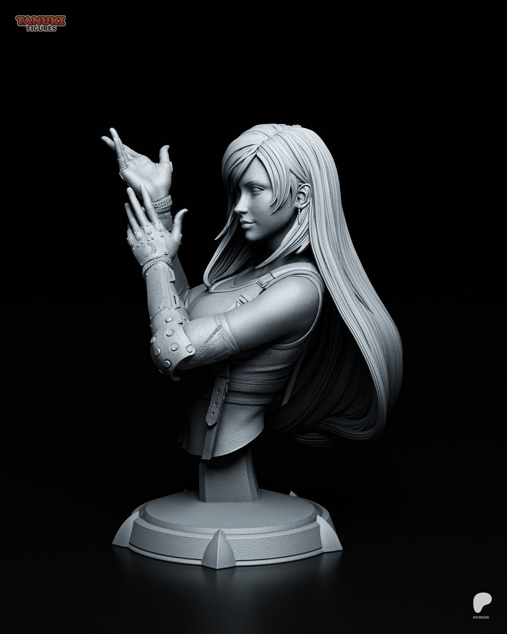 Sculptor's render (kit ships unpainted): side view with her face in profile toward her raised hands, showing the studded forearm guard and the drop earring