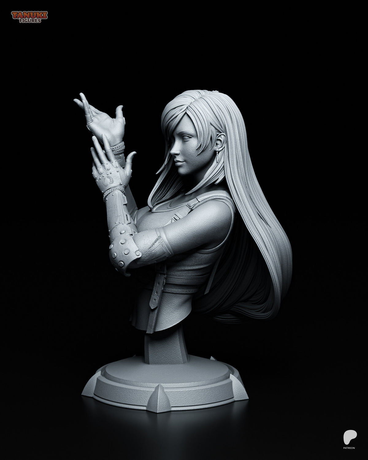 Sculptor's render (kit ships unpainted): side view with her face in profile toward her raised hands, showing the studded forearm guard and the drop earring