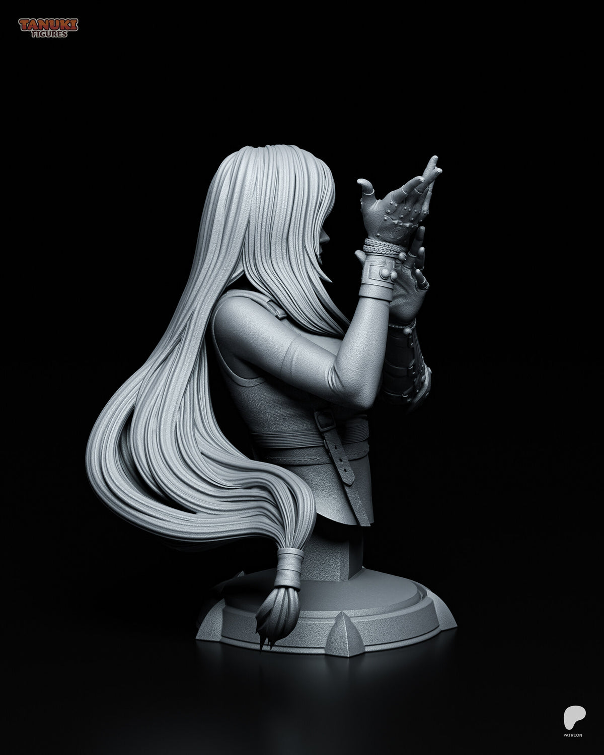 Sculptor's render (kit ships unpainted): view from behind one shoulder showing the long hair, the riveted glove and the buckled suspender strap