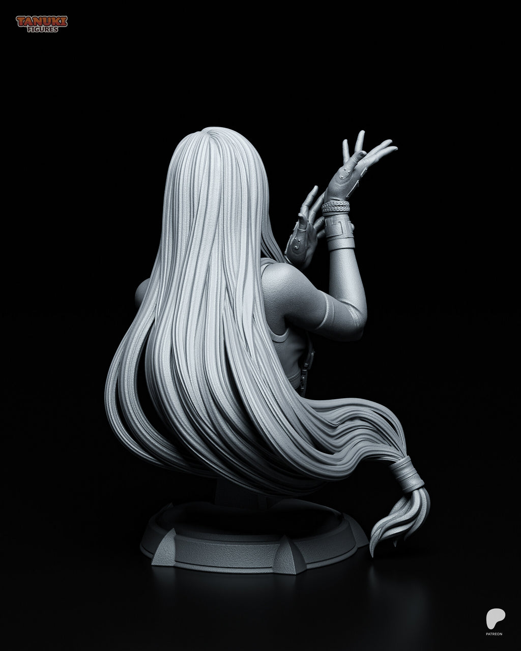 Sculptor's render (kit ships unpainted): back view of the very long hair curving out to its wrapped tie, above the stepped plinth