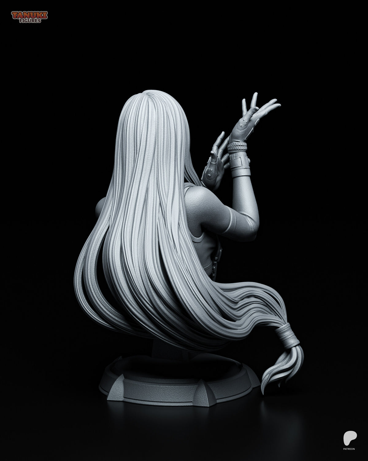 Sculptor's render (kit ships unpainted): back view of the very long hair curving out to its wrapped tie, above the stepped plinth