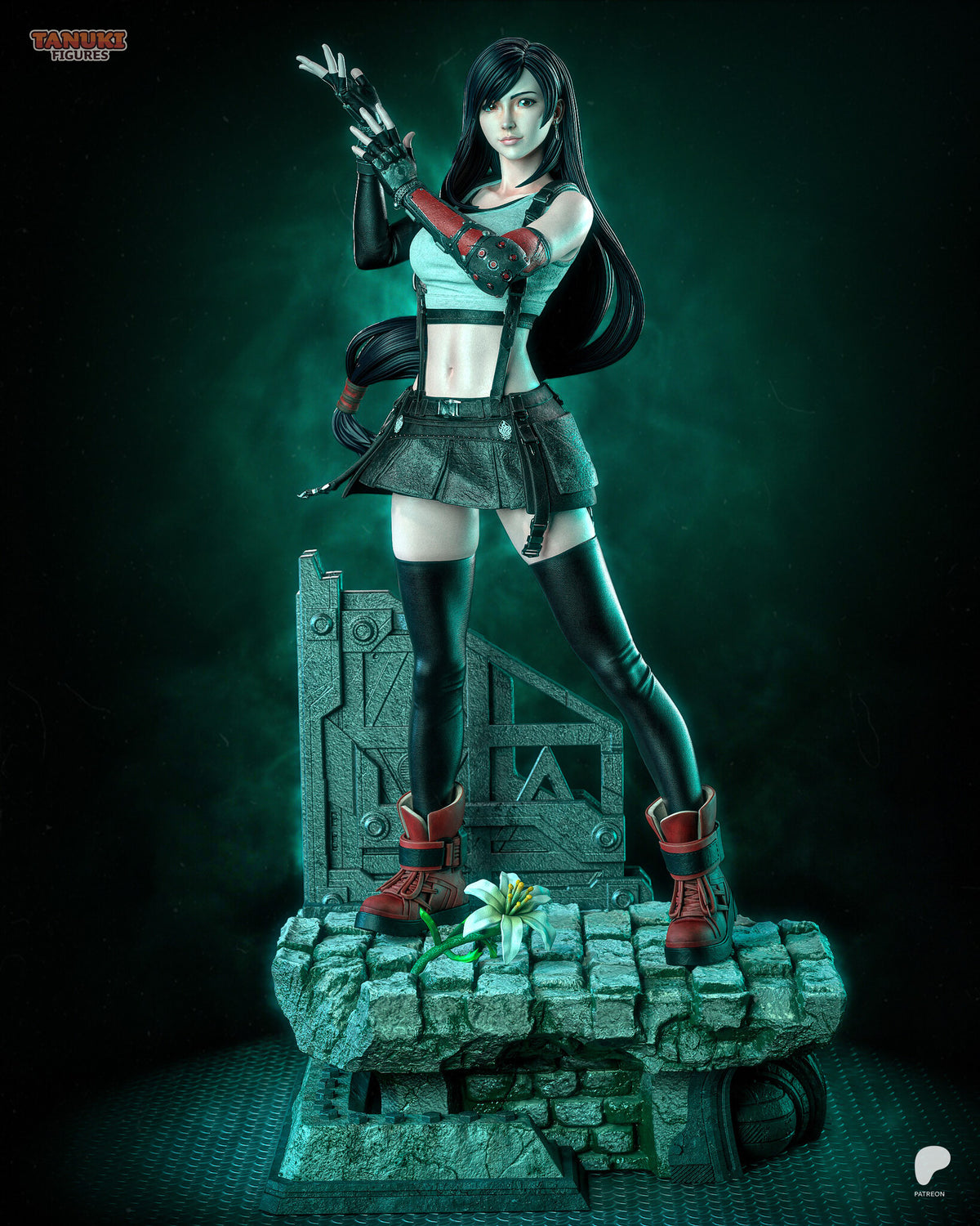 Sculptor's render of the painted design (kit ships unpainted): full front view of the long-haired martial artist with gloves raised, standing on broken cobbled paving in front of a machinery wall