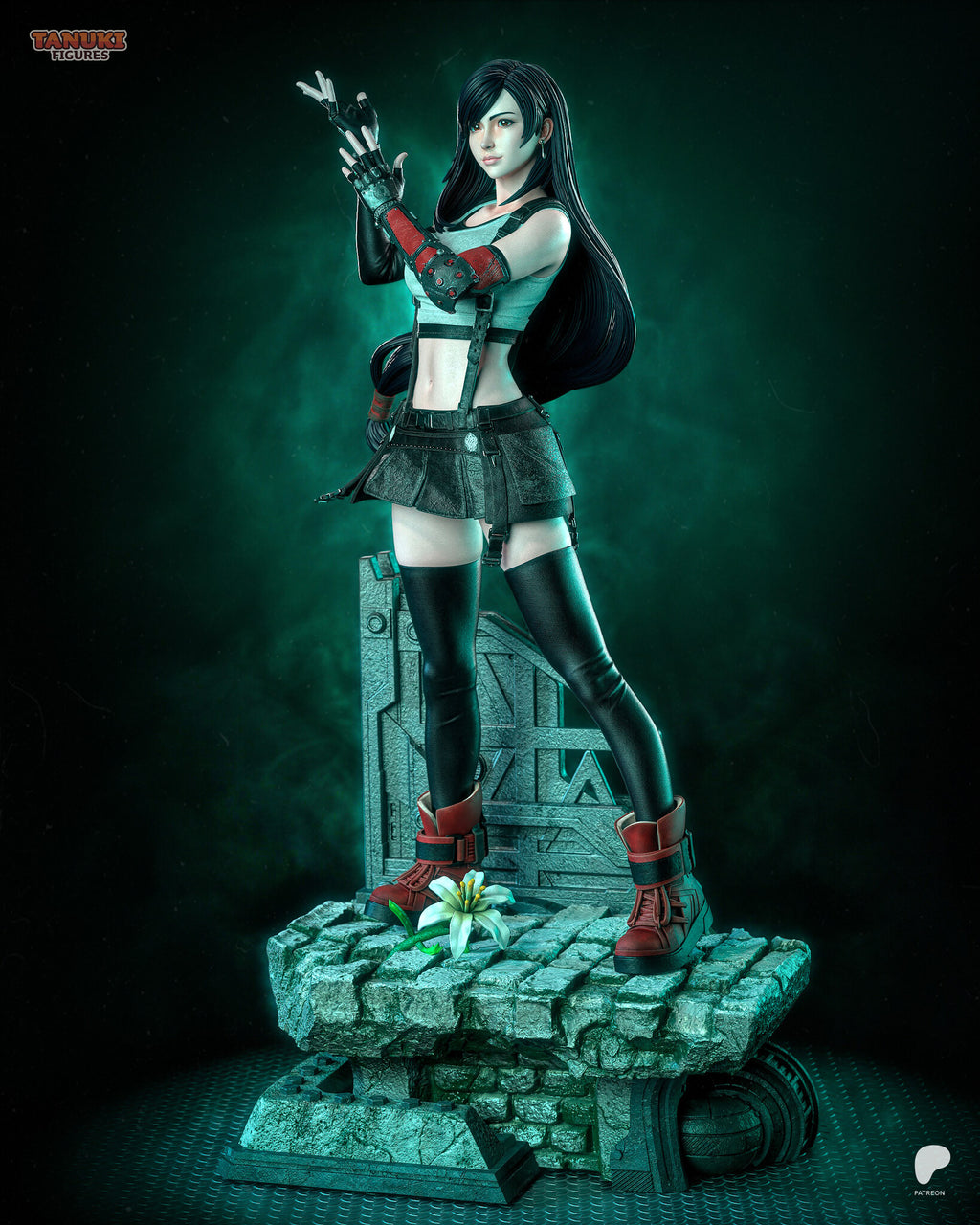 Sculptor's render (kit ships unpainted): full view from slightly to one side, the white flower growing from the paving at her feet