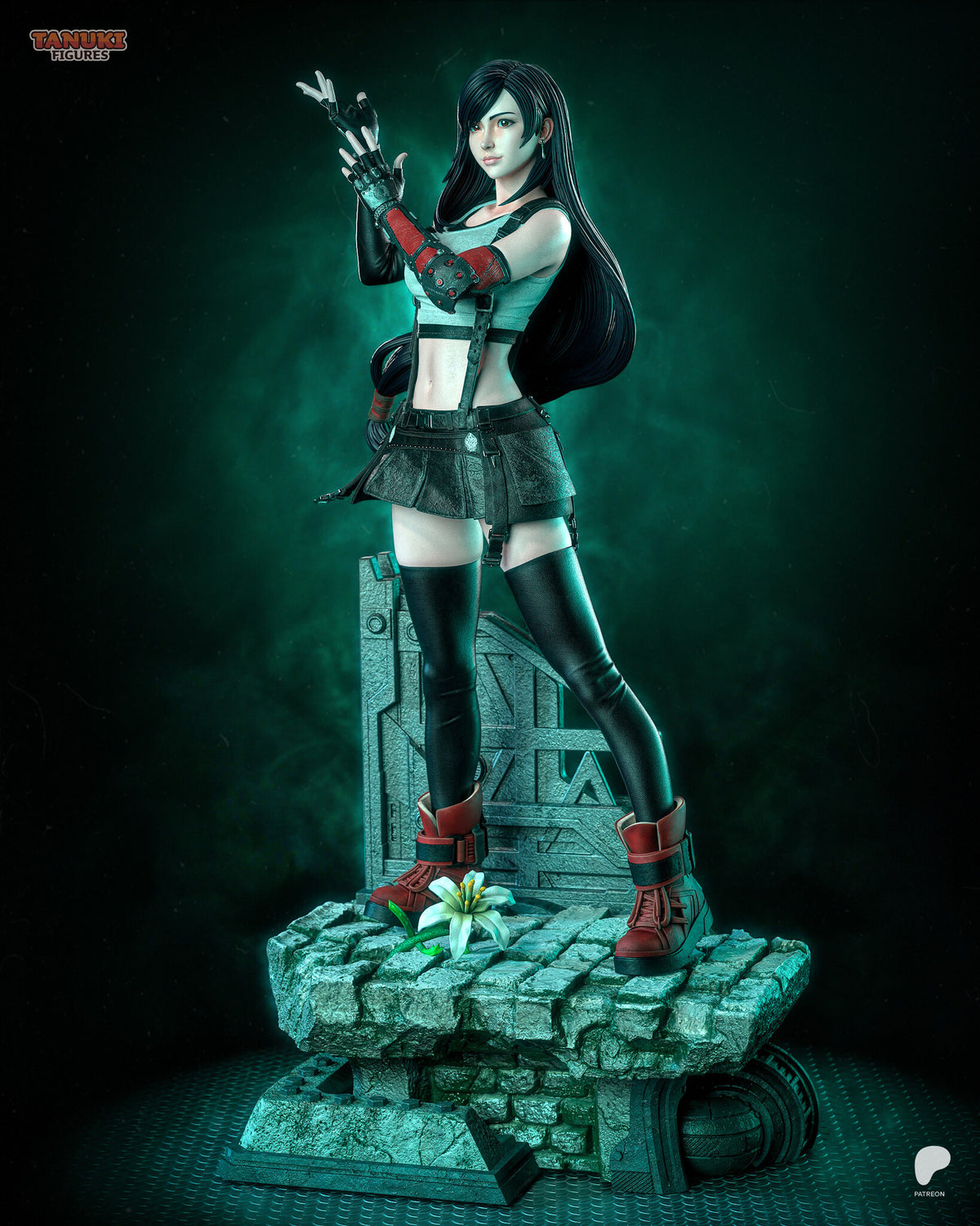 Sculptor's render (kit ships unpainted): full view from slightly to one side, the white flower growing from the paving at her feet