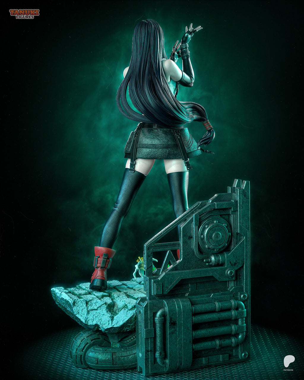 Sculptor's render (kit ships unpainted): rear view of the very long hair and the back of the wall panel with its round hatch and pipes