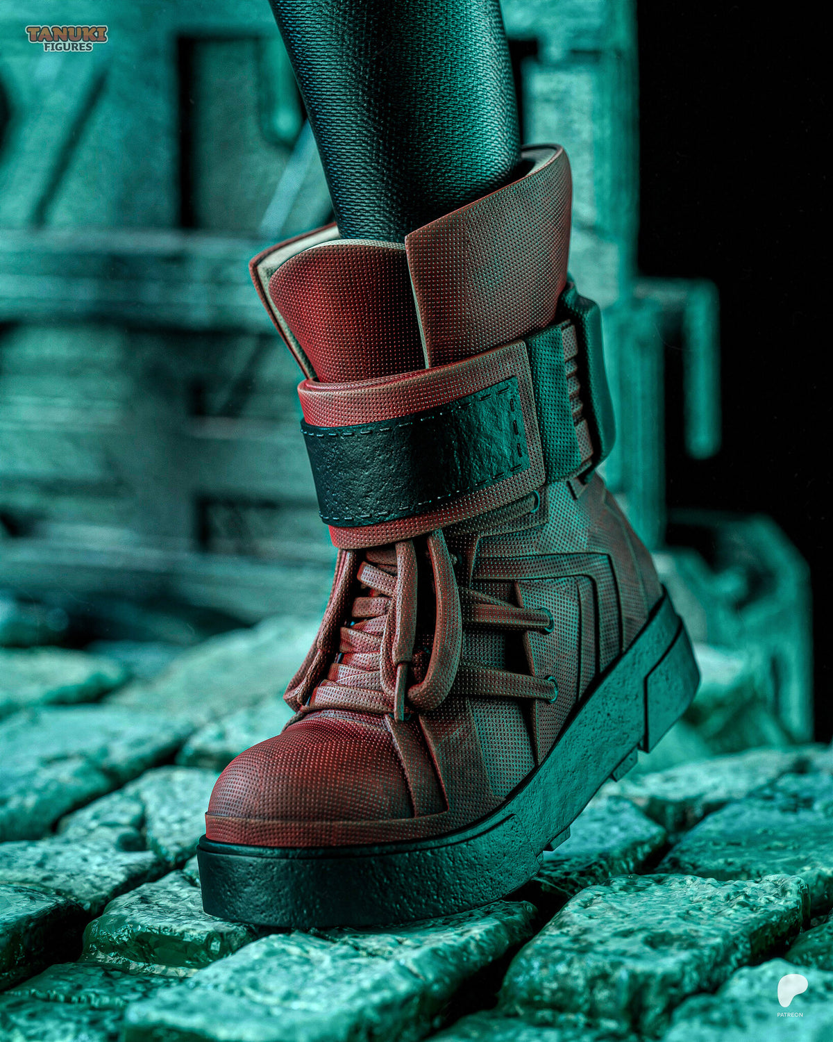 Sculptor's render (kit ships unpainted): close-up of a red lace-up boot with its black ankle strap on the cobbled paving