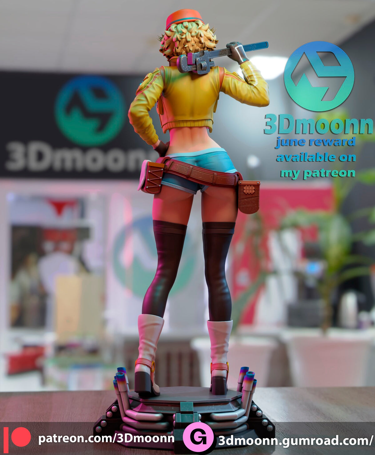 Sculptor's render (kit ships unpainted): rear view with the wrench across the back of her shoulders