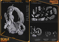 Studio scale and parts sheet (kit ships unpainted): the small statue in front of the large one is the miniature (this listing), 111 mm tall, 63 mm wide and 84 mm long; its parts are shown bottom center under 'Miniature scale'