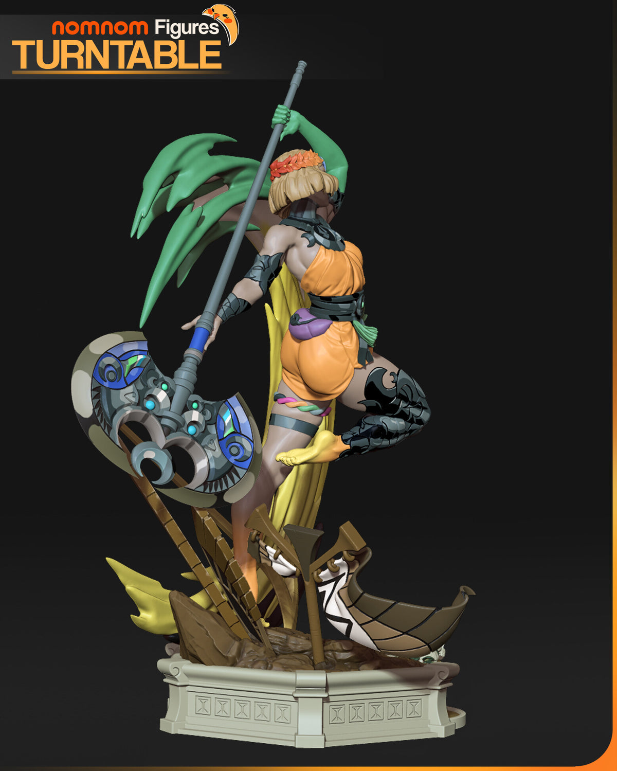 Sculptor's render (kit ships unpainted): rear three-quarter view with the leaf wreath in her hair and the blue axe head close up; the miniature is the same sculpt at 111 mm tall