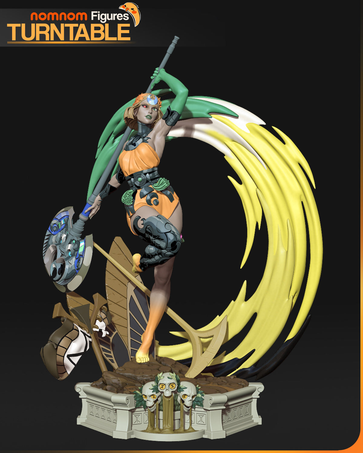 Sculptor's render of the painted design (kit ships unpainted): front view of the witch balanced on one bare foot with a staff raised and a double axe held low, a yellow and green crescent of magic arcing behind her on a stone plinth