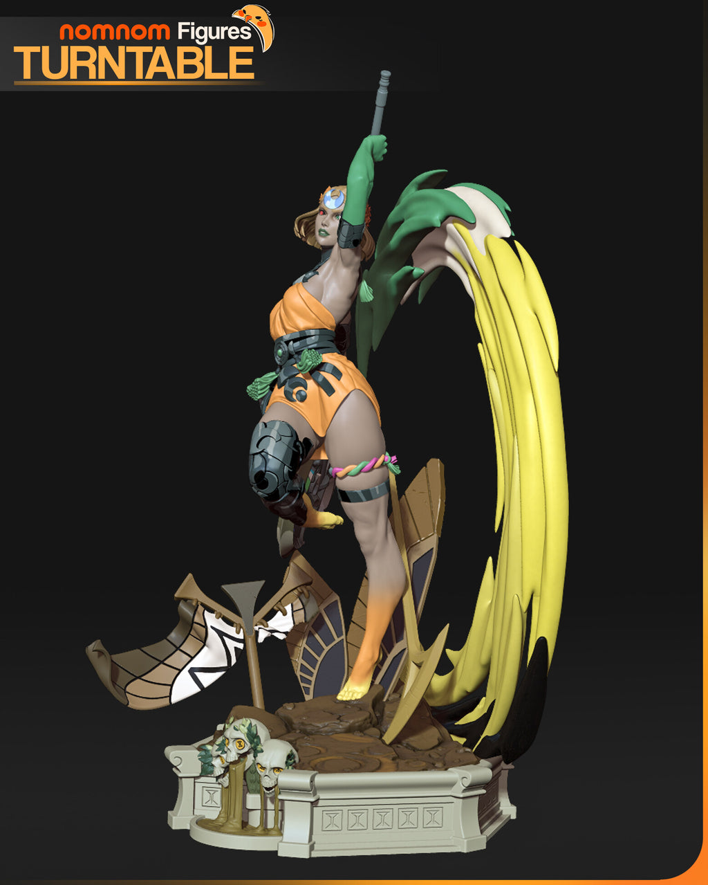 Sculptor's render (kit ships unpainted): side view with the bent leg in its greave, the braided thigh cord and the banner at her side