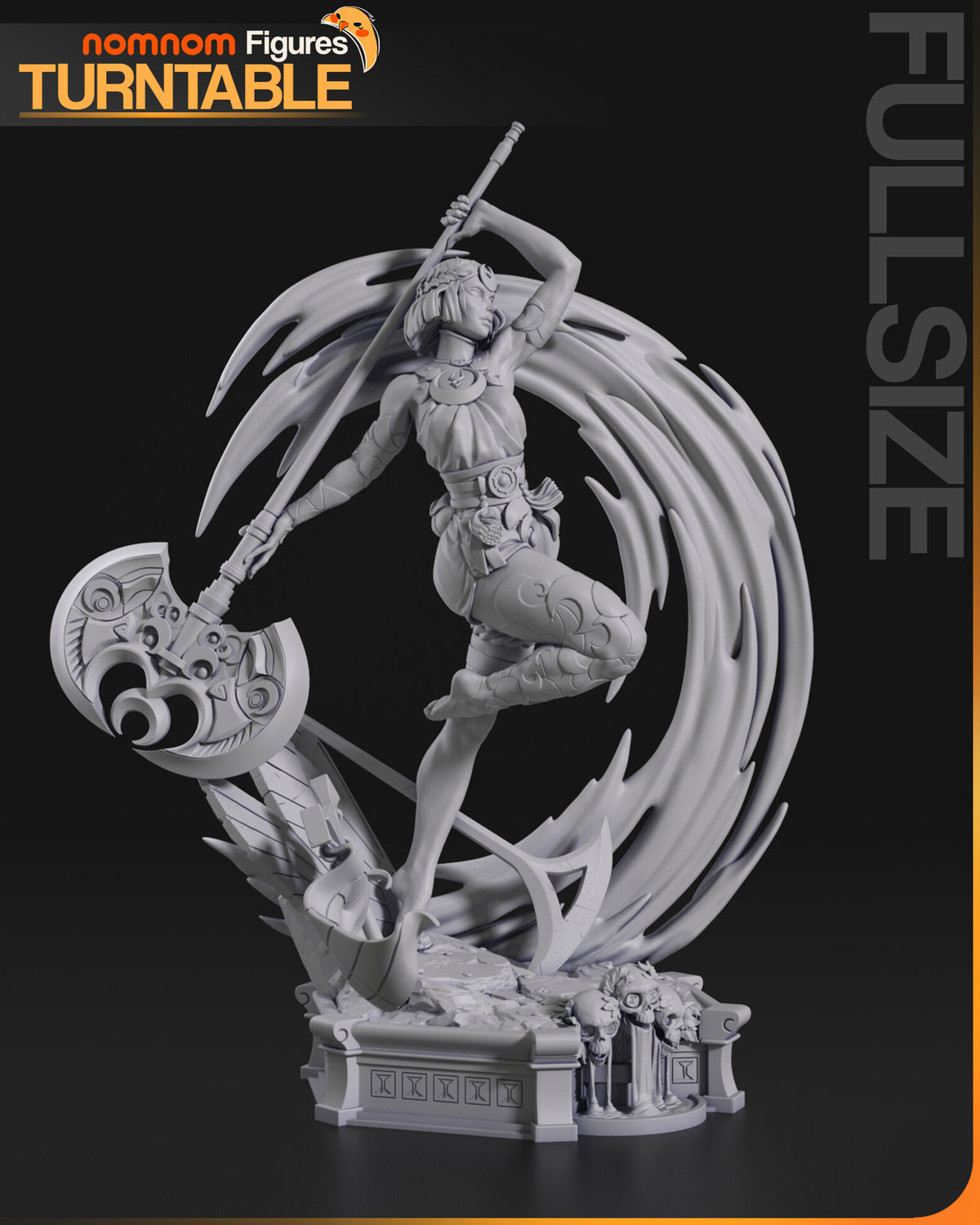 Sculptor's render (kit ships unpainted): unpainted gray view from the axe side, the axe head in the foreground