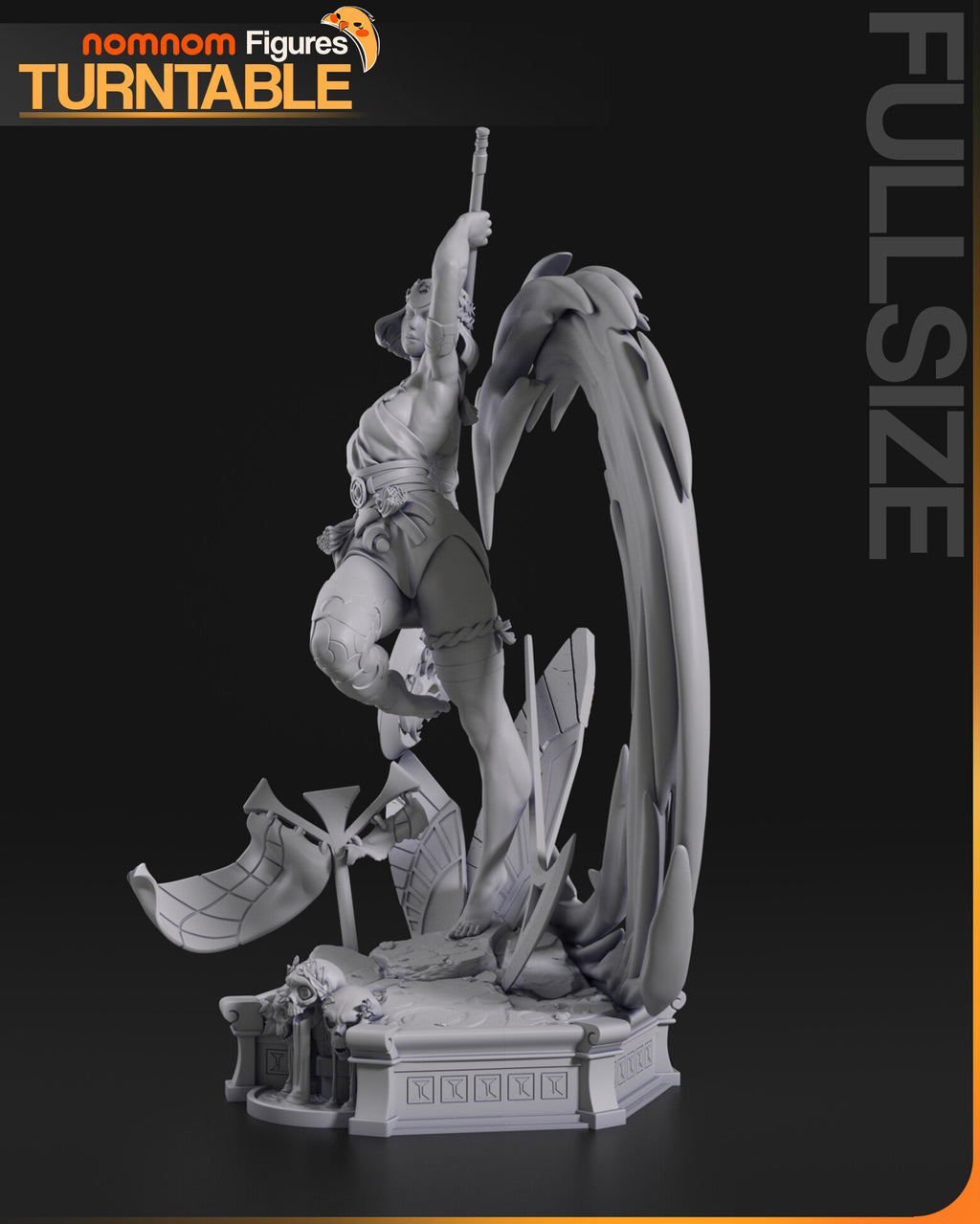Sculptor's render (kit ships unpainted): unpainted gray side view with the raised staff in profile