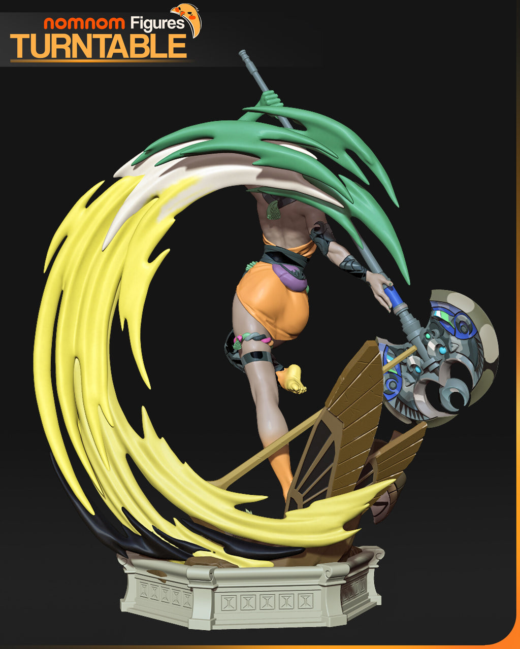 Sculptor's render (kit ships unpainted): rear view with the belt pouch, the axe held out to one side and the crescent behind her