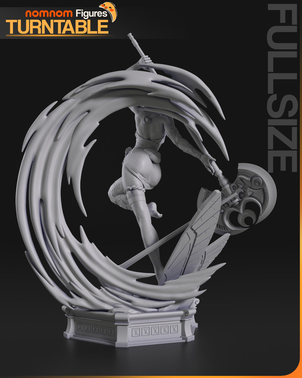 Sculptor's render (kit ships unpainted): unpainted gray rear view, the crescent forming a near-complete circle around her
