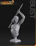 Sculptor's render of the design, shown in gray (kit ships unpainted): the bust with one arm raised gripping the staff, the crescent moon circlet on her forehead, on a square plinth