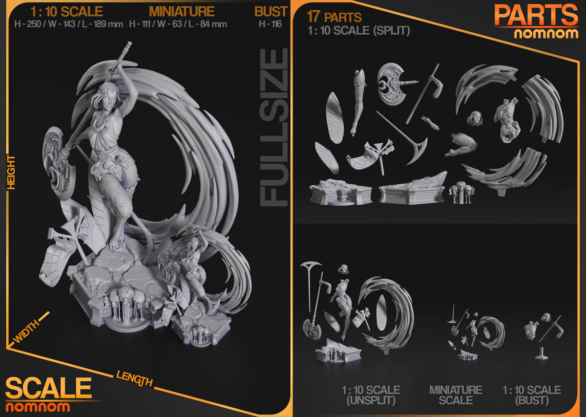 Studio scale and parts sheet (kit ships unpainted): the studio's sheet giving the bust's height, 116 mm; the bust's parts are shown bottom right under '1:10 scale (bust)', and the statues shown are the 1:10 and miniature versions, sold separately
