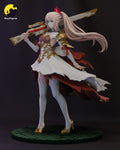 Sculptor's render of the painted design (kit ships unpainted): full three-quarter view of the pink-haired gunner with the rifle on her shoulder, standing on the green cobblestone base