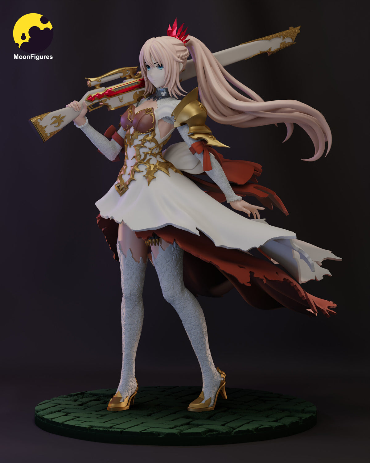 Sculptor's render of the painted design (kit ships unpainted): full three-quarter view of the pink-haired gunner with the rifle on her shoulder, standing on the green cobblestone base