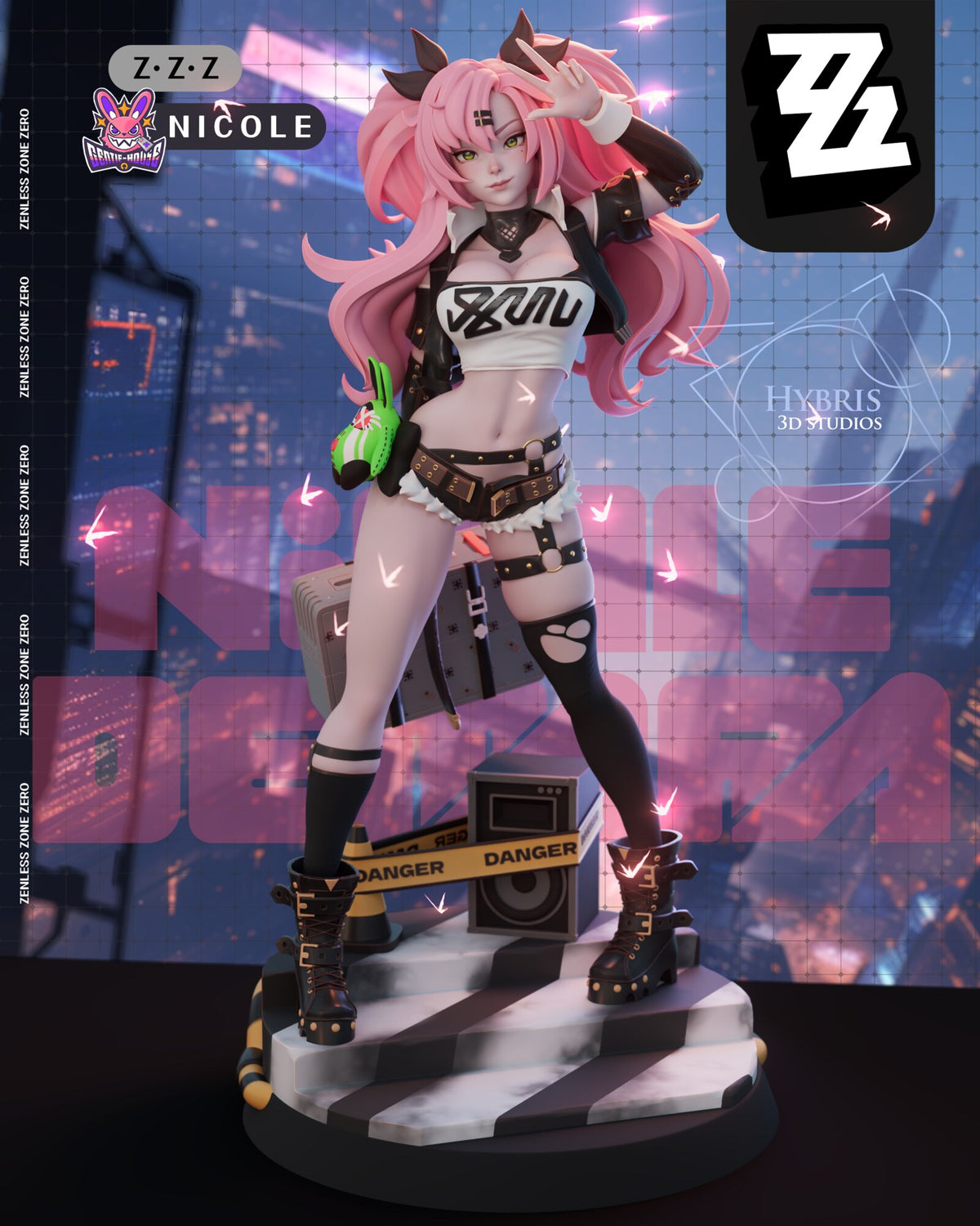 Sculptor's render of the painted design (kit ships unpainted): full front view on the striped marble steps, one hand raised at her brow, the hard-shell case behind her leg and the speaker and taped traffic cone on the base