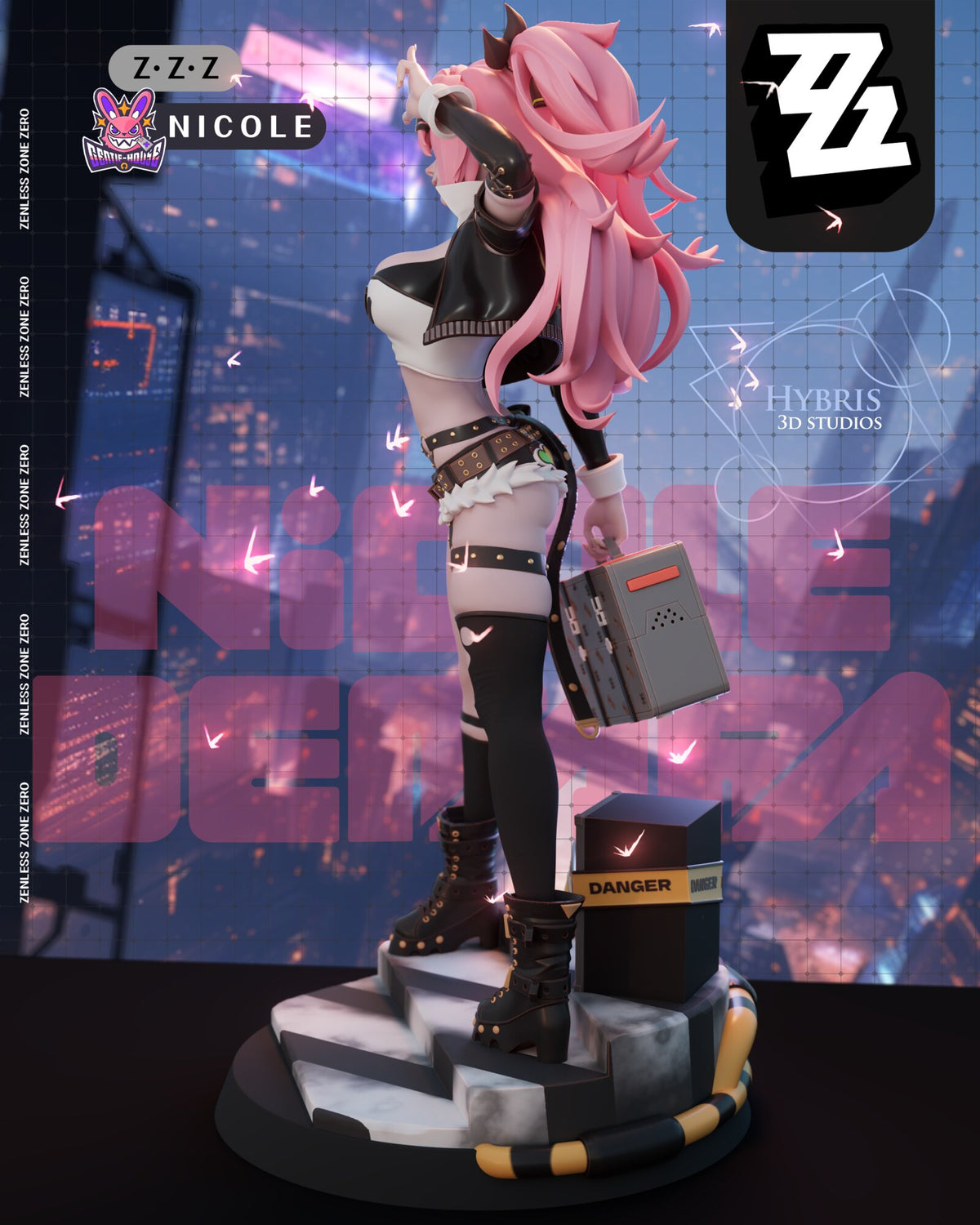 Sculptor's render (kit ships unpainted): full side view from her left with the hard-shell case hanging from her hand, the twin tails and the banded hose curled around the base