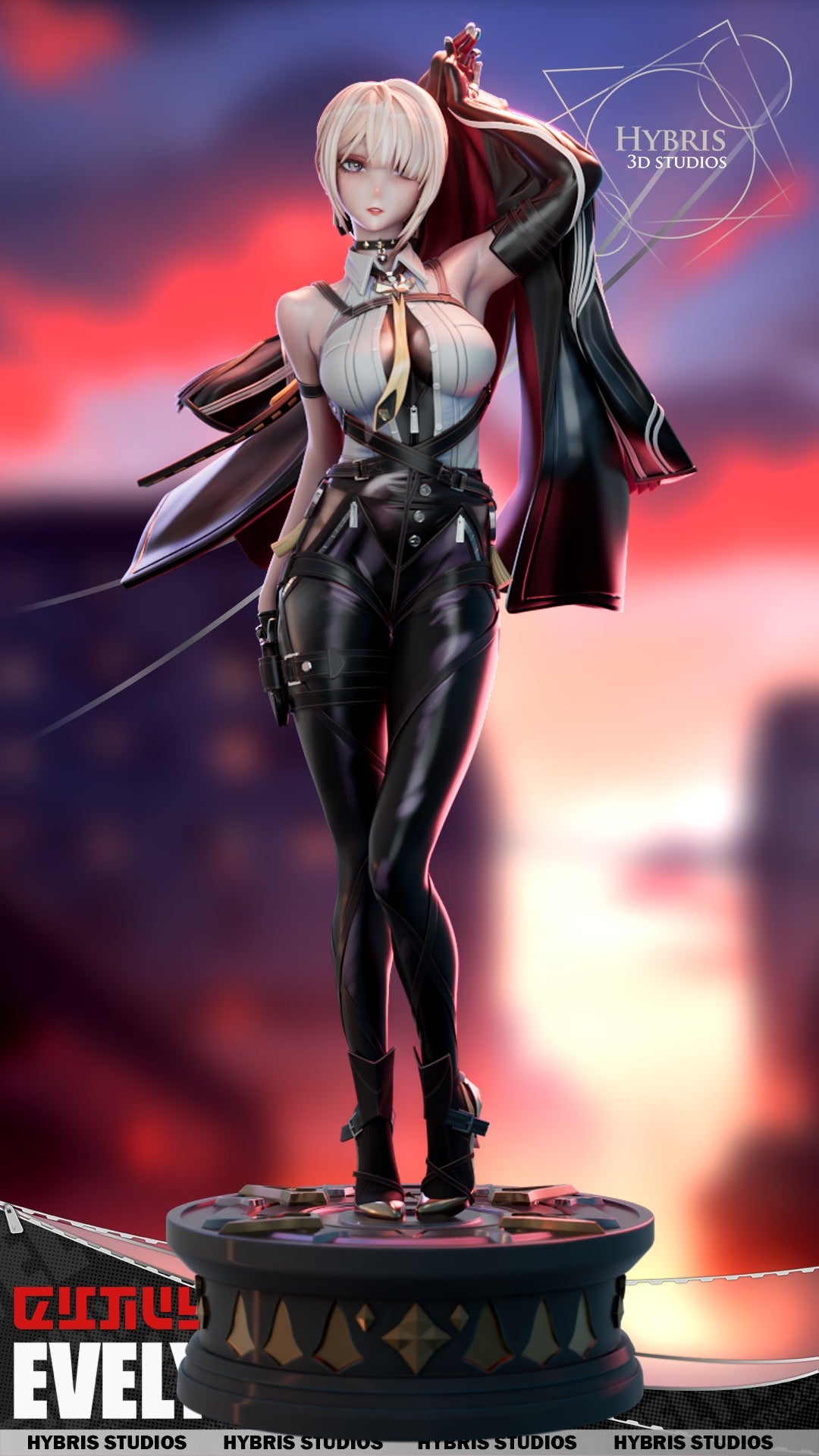 Sculptor's render of the painted design (kit ships unpainted): full front view of the platinum-haired figure holding her coat over one shoulder, standing on the round pedestal