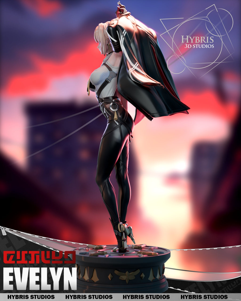 Sculptor's render (kit ships unpainted): rear three-quarter view of the long coat and the braided bun