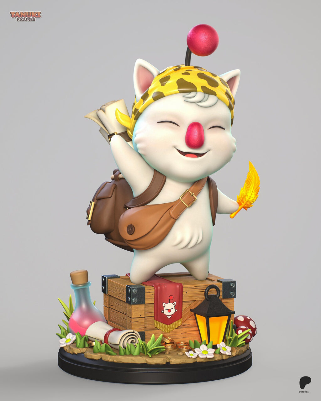 Sculptor's render of the painted design (kit ships unpainted): front view of the white pompom mascot in a leopard-print bandana waving from a wooden treasure chest, with a potion, scroll, lantern and mushrooms on the round base