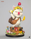 Sculptor's render of the painted design (kit ships unpainted): front view of the white pompom mascot in a leopard-print bandana waving from a wooden treasure chest, with a potion, scroll, lantern and mushrooms on the round base