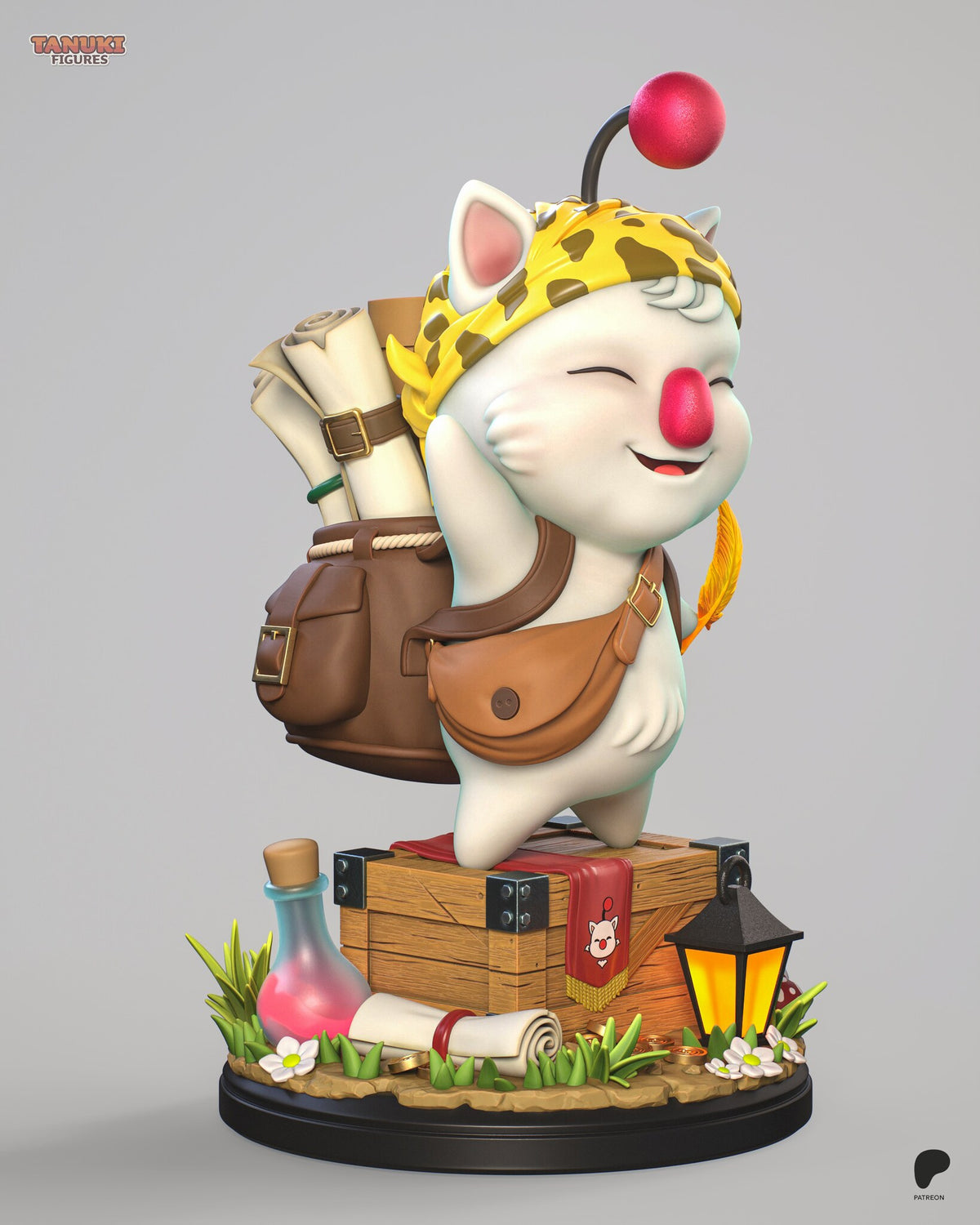 Sculptor's render (kit ships unpainted): three-quarter view with the brown backpack full of rolled maps behind the raised arm