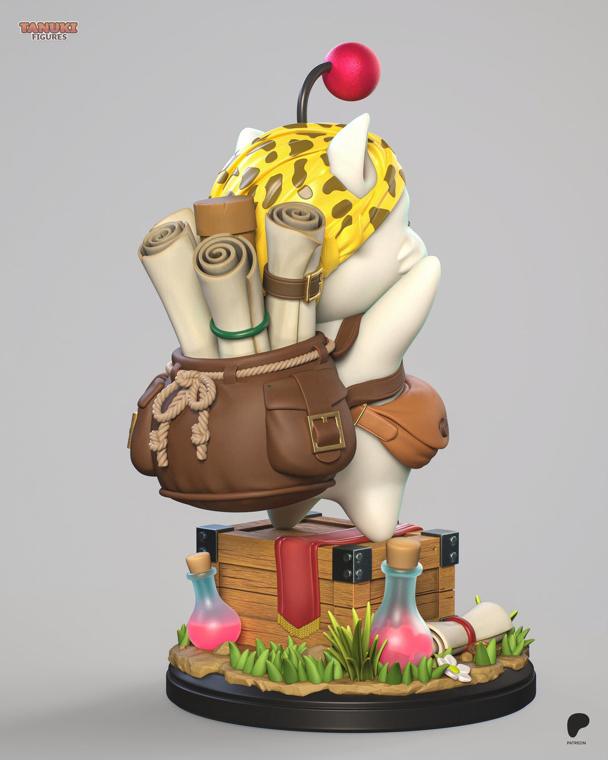 Sculptor's render (kit ships unpainted): rear view of the backpack with its rope drawstring, rolled maps and two potion flasks on the base
