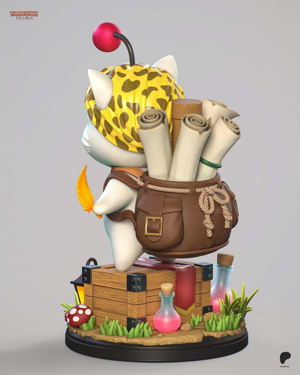 Sculptor's render (kit ships unpainted): rear three-quarter view from the other side, with the feather and the buckled backpack pocket