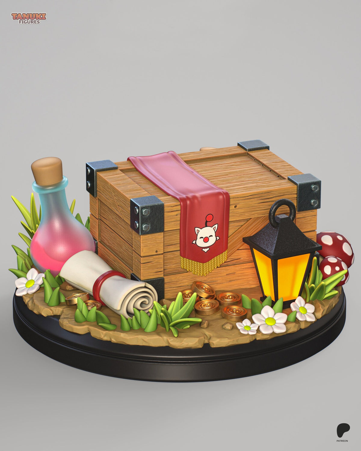 Sculptor's render (kit ships unpainted): the base on its own: treasure chest with a red cloth, pink potion, scroll, gold coins, lantern and mushrooms