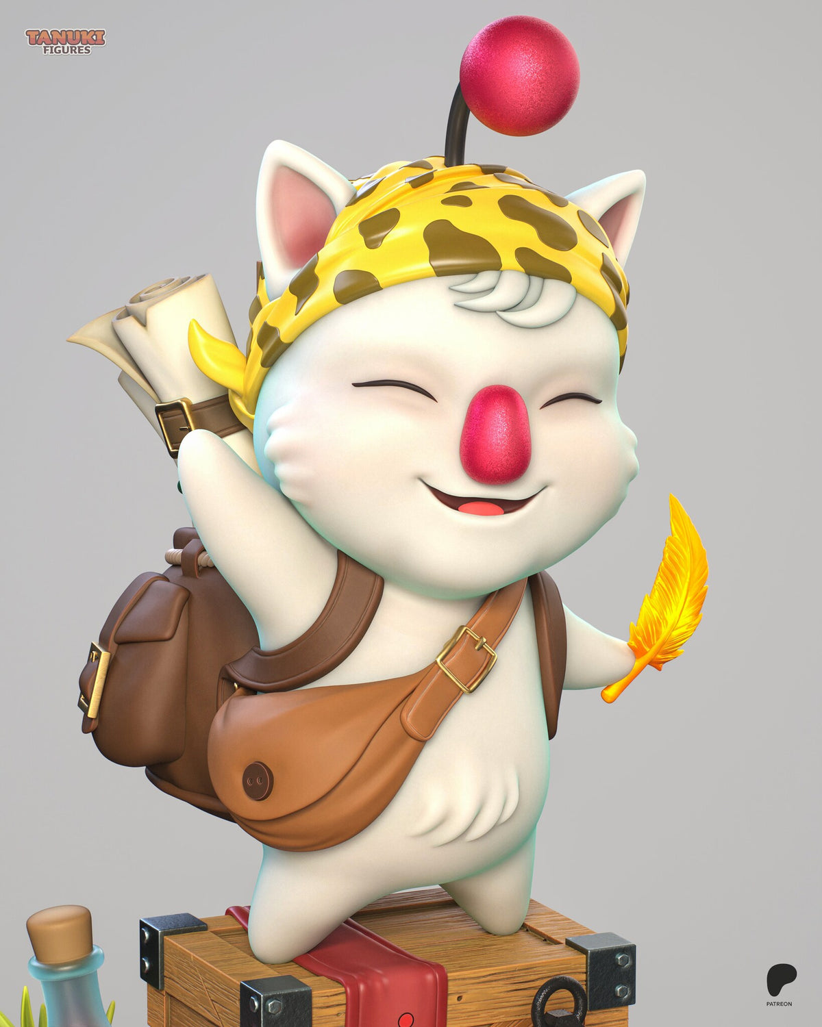 Sculptor's render (kit ships unpainted): closer view of the smiling face, bandana knot, leather satchel and buckle