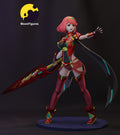 Sculptor's render of the painted design (kit ships unpainted): full three-quarter view of the red-haired swordswoman in a wide stance, crimson greatsword held point-down and black cape sweeping out behind her, on the round base