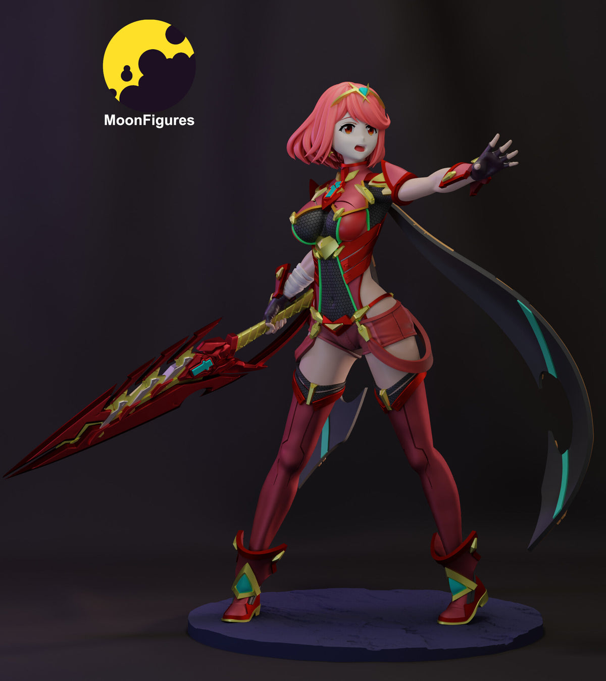 Sculptor's render of the painted design (kit ships unpainted): full three-quarter view of the red-haired swordswoman in a wide stance, crimson greatsword held point-down and black cape sweeping out behind her, on the round base
