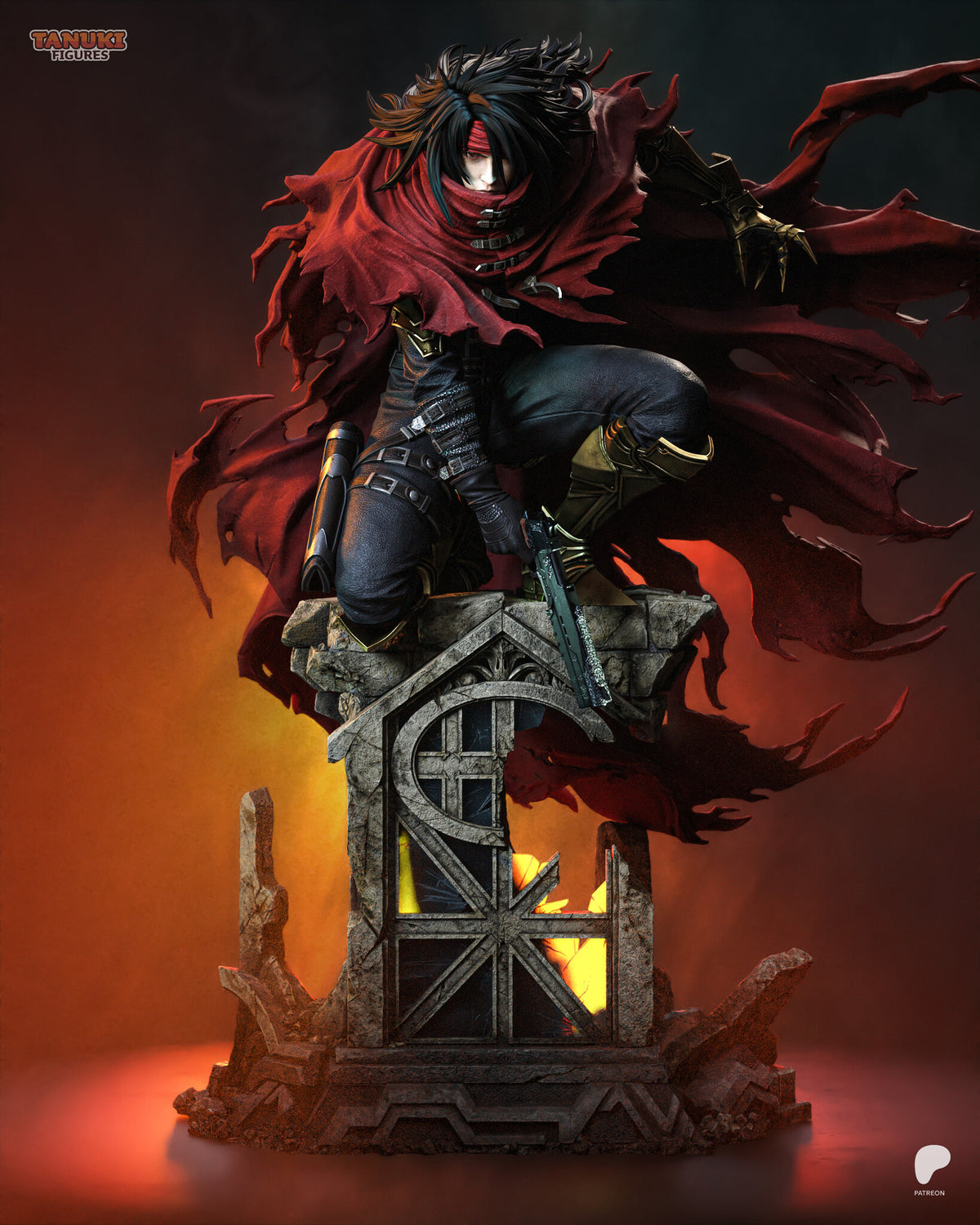 Sculptor's render of the painted design (kit ships unpainted): front view of the red-cloaked gunman crouched on top of a ruined Gothic window column, his gold claw thrown back and the torn cloak streaming out