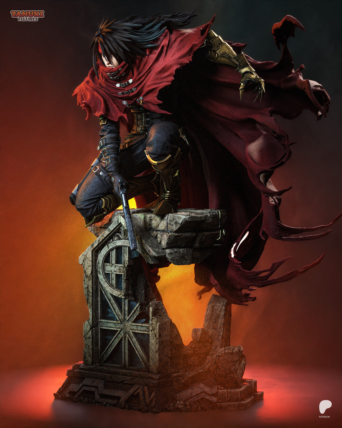 Sculptor's render (kit ships unpainted): side view of the crouch on the stone cap, with the cloak billowing behind him