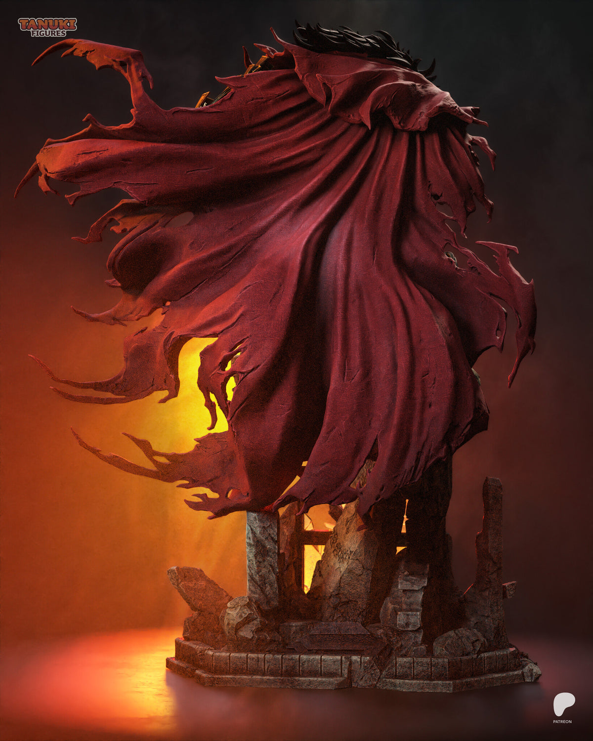 Sculptor's render (kit ships unpainted): rear view of the long torn red cloak spread over the ruined window base